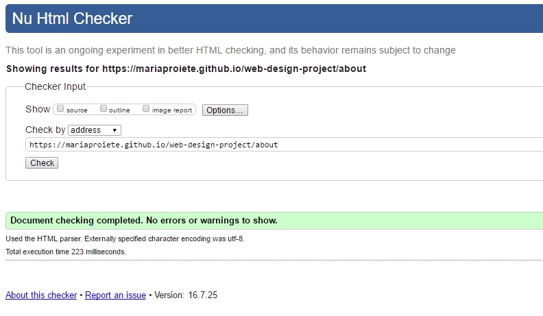 screen capture from About Page Html Checker