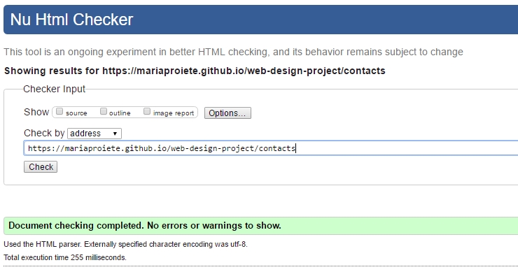 screen capture from Contacts Page Html Checker